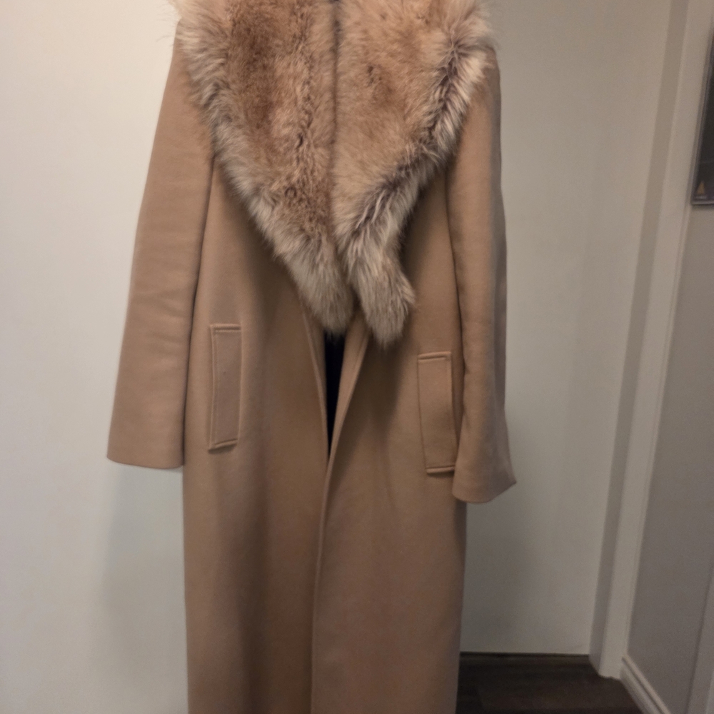 Zara Camel Trench Coat with Faux Fur Shawl Collar